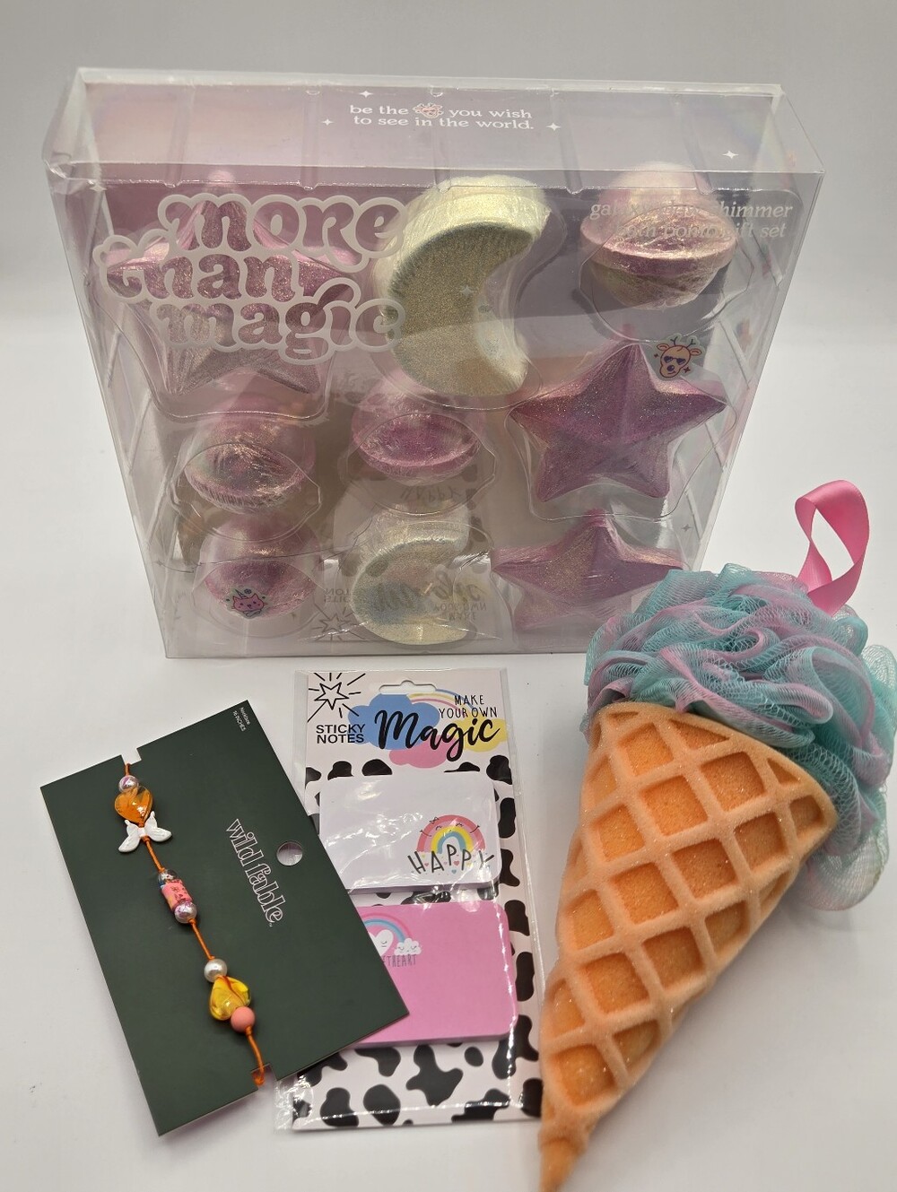 LOT of Girl Assessories NWT Bath Bombs Necklace Notes Loofah